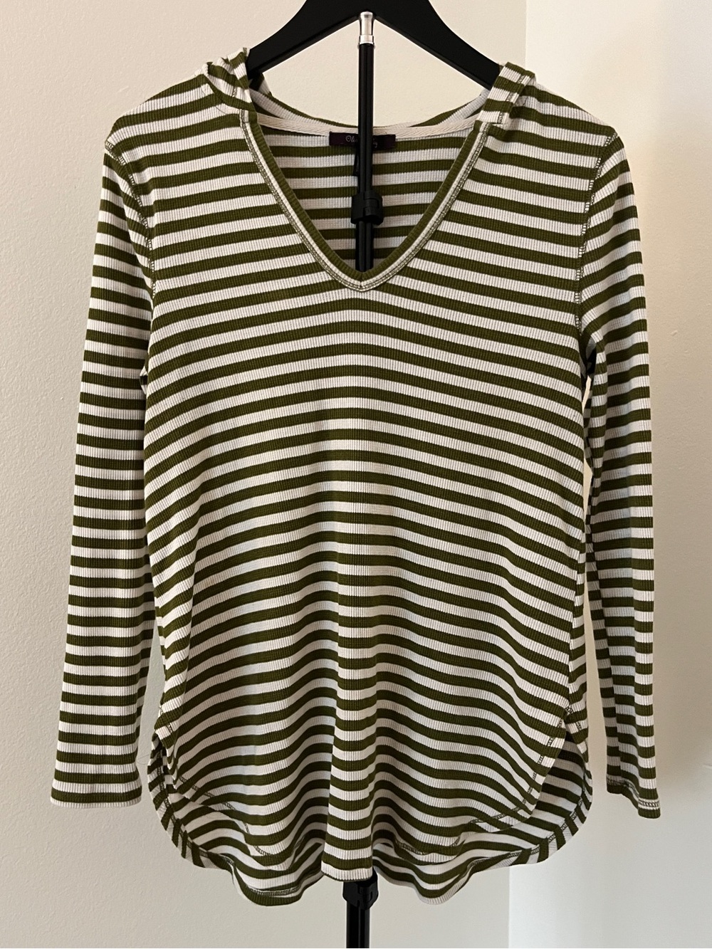 ✨ Olivia Sky Olive + Ivory Striped Hooded Tunic Top | Long Sleeve | Women’s S